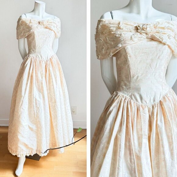 Valencienne Ivory Silk Demask Off The shoulder Princess Style Beaded Ball Gown S - Picture 1 of 14
